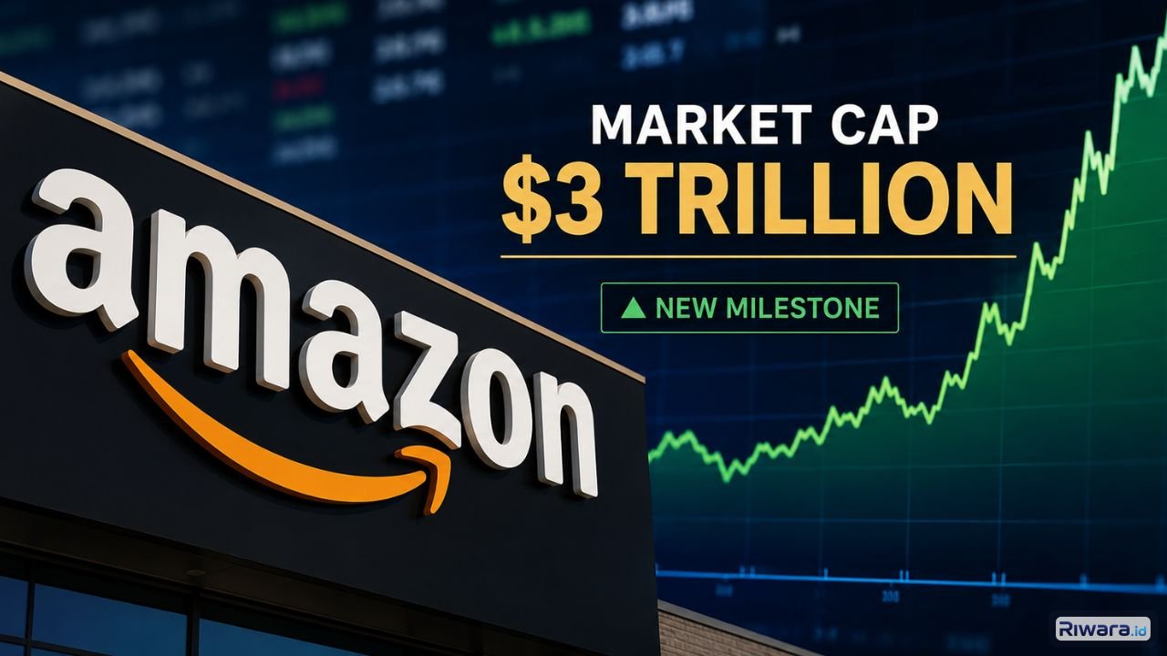 Amazon ditampilkan di depan latar grafik pergerakan saham Amazon resmi menembus kapitalisasi pasar US3 triliun setelah lonjakan saham yang dipicu pertumbuhan kuat bisnis cloud Amazon Web Services AWS